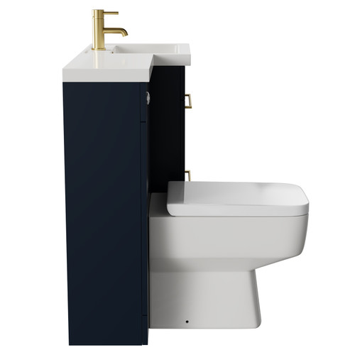 Napoli Combination Deep Blue 1000mm Vanity Unit Toilet Suite with Right Hand L Shaped 1 Tap Hole Basin and 2 Drawers with Brushed Brass Handles Side on View