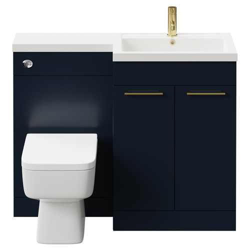 Napoli Combination Deep Blue 1100mm Vanity Unit Toilet Suite with Right Hand L Shaped 1 Tap Hole Basin and 2 Doors with Brushed Brass Handles Front View