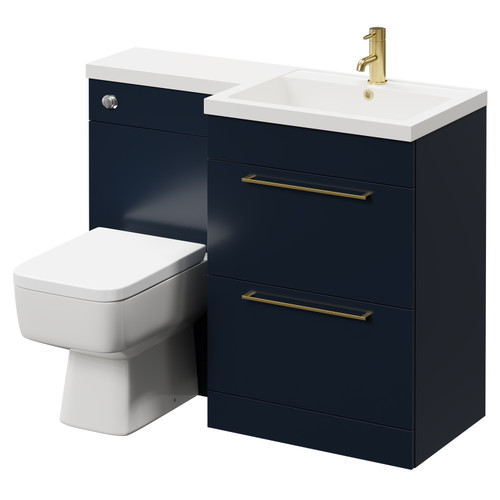 Napoli Combination Deep Blue 1100mm Vanity Unit Toilet Suite with Right Hand L Shaped 1 Tap Hole Basin and 2 Drawers with Brushed Brass Handles Right Hand Side View