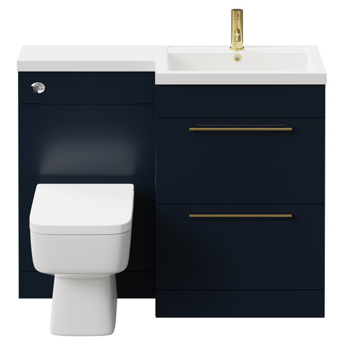 Napoli Combination Deep Blue 1100mm Vanity Unit Toilet Suite with Right Hand L Shaped 1 Tap Hole Basin and 2 Drawers with Brushed Brass Handles Front View