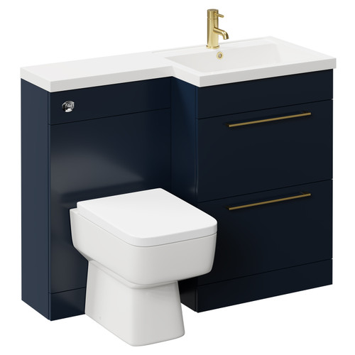 Napoli Combination Deep Blue 1100mm Vanity Unit Toilet Suite with Right Hand L Shaped 1 Tap Hole Basin and 2 Drawers with Brushed Brass Handles Left Hand Side View