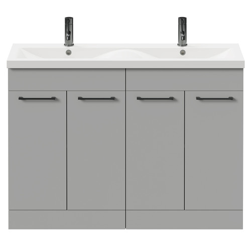 Napoli Gloss Grey Pearl 1200mm Floor Standing Vanity Unit with Ceramic Double Basin and 4 Doors with Gunmetal Grey Handles Front View