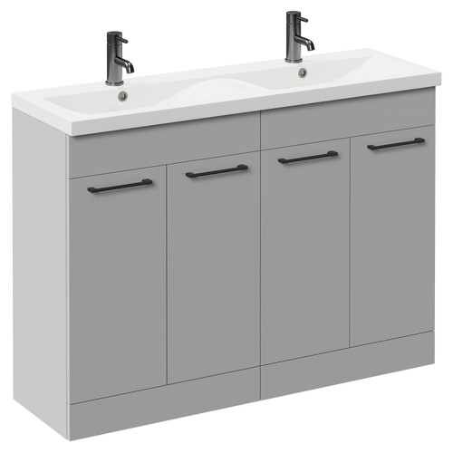 Napoli Gloss Grey Pearl 1200mm Floor Standing Vanity Unit with Ceramic Double Basin and 4 Doors with Gunmetal Grey Handles Left Hand View