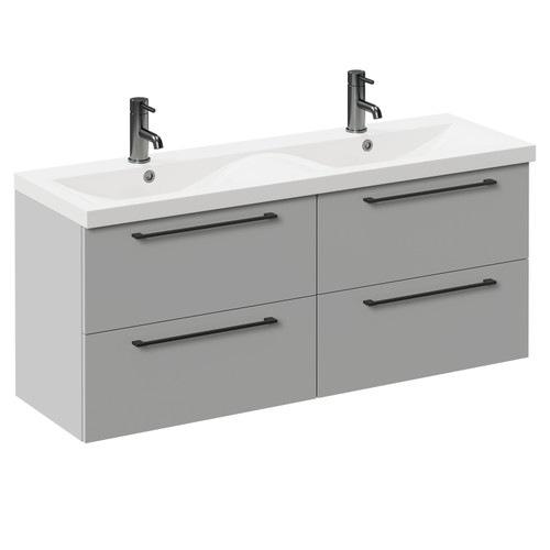 Napoli Gloss Grey Pearl 1200mm Wall Mounted Vanity Unit with Ceramic Double Basin and 4 Drawers with Gunmetal Grey Handles Left Hand View