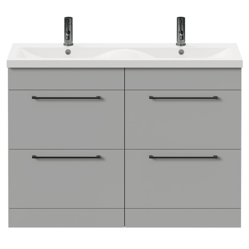 Napoli Gloss Grey Pearl 1200mm Floor Standing Vanity Unit with Ceramic Double Basin and 4 Drawers with Gunmetal Grey Handles Front View