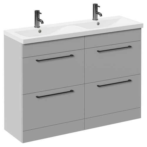 Napoli Gloss Grey Pearl 1200mm Floor Standing Vanity Unit with Ceramic Double Basin and 4 Drawers with Gunmetal Grey Handles Left Hand View