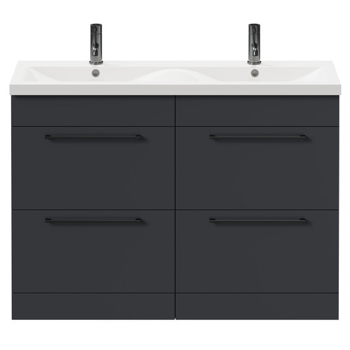 Napoli Gloss Grey 1200mm Floor Standing Vanity Unit with Ceramic Double Basin and 4 Drawers with Gunmetal Grey Handles Front View
