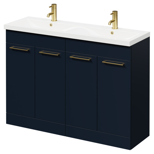 Napoli Deep Blue 1200mm Floor Standing Vanity Unit with Ceramic Double Basin and 4 Doors with Brushed Brass Handles Right Hand View