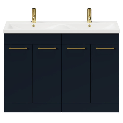 Napoli Deep Blue 1200mm Floor Standing Vanity Unit with Ceramic Double Basin and 4 Doors with Brushed Brass Handles Front View