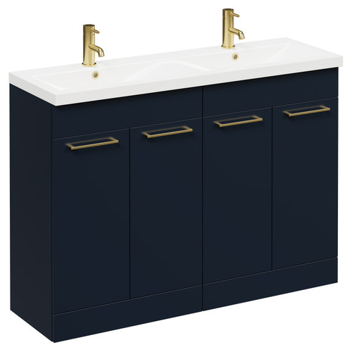 Napoli Deep Blue 1200mm Floor Standing Vanity Unit with Ceramic Double Basin and 4 Doors with Brushed Brass Handles Left Hand View
