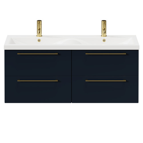 Napoli Deep Blue 1200mm Wall Mounted Vanity Unit with Ceramic Double Basin and 4 Drawers with Brushed Brass Handles Front View Napoli Deep Blue 1200mm Wall Mounted Vanity Unit with Ceramic Double Basin and 4 Drawers with Brushed Brass Handles Front View