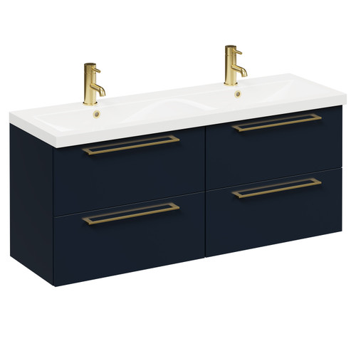 Napoli Deep Blue 1200mm Wall Mounted Vanity Unit with Ceramic Double Basin and 4 Drawers with Brushed Brass Handles Left Hand View Napoli Deep Blue 1200mm Wall Mounted Vanity Unit with Ceramic Double Basin and 4 Drawers with Brushed Brass Handles Left Hand View
