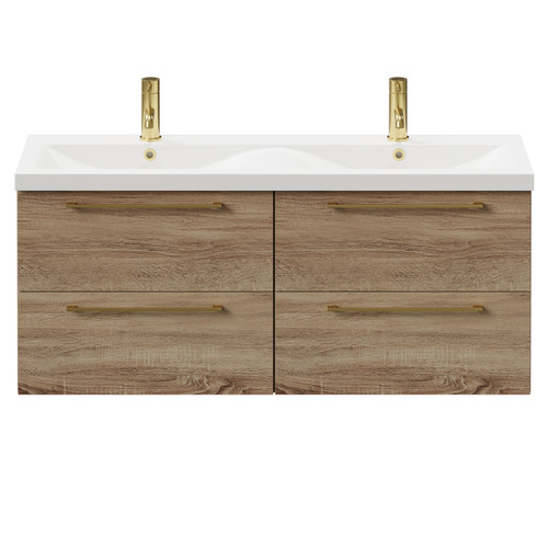 Napoli Bordalino Oak 1200mm Wall Mounted Vanity Unit with Ceramic Double Basin and 4 Drawers with Brushed Brass Handles Front View