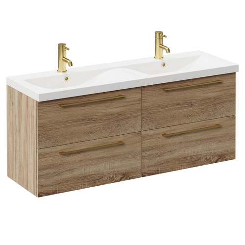 Napoli Bordalino Oak 1200mm Wall Mounted Vanity Unit with Ceramic Double Basin and 4 Drawers with Brushed Brass Handles Left Hand View