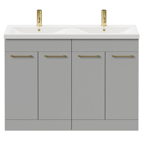 Napoli Gloss Grey Pearl 1200mm Floor Standing Vanity Unit with Ceramic Double Basin and 4 Doors with Brushed Brass Handles Front View