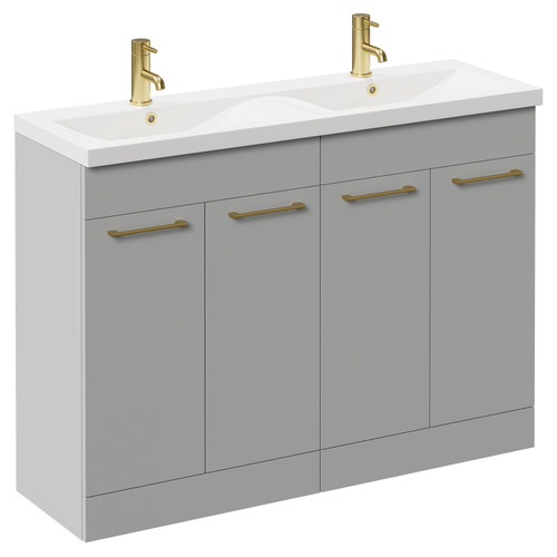 Napoli Gloss Grey Pearl 1200mm Floor Standing Vanity Unit with Ceramic Double Basin and 4 Doors with Brushed Brass Handles Left Hand View