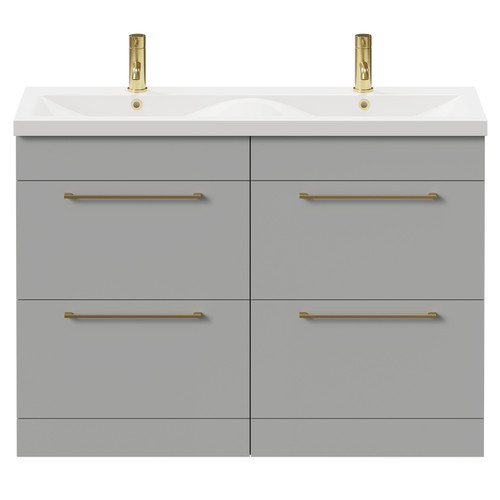 Napoli Gloss Grey Pearl 1200mm Floor Standing Vanity Unit with Ceramic Double Basin and 4 Drawers with Brushed Brass Handles Front View