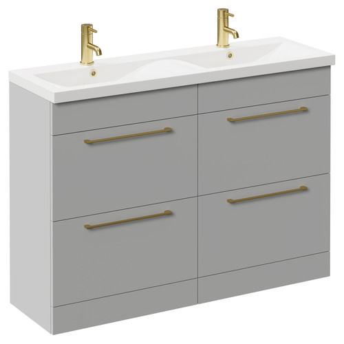Napoli Gloss Grey Pearl 1200mm Floor Standing Vanity Unit with Ceramic Double Basin and 4 Drawers with Brushed Brass Handles Left Hand View