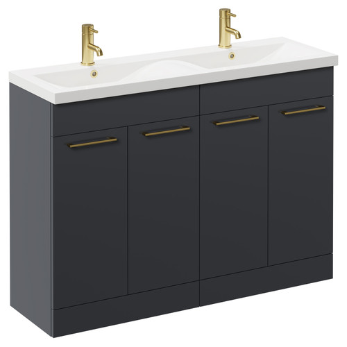 Napoli Gloss Grey 1200mm Floor Standing Vanity Unit with Ceramic Double Basin and 4 Doors with Brushed Brass Handles Left Hand View