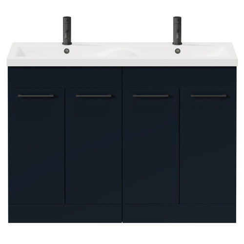 Napoli Deep Blue 1200mm Floor Standing Vanity Unit with Ceramic Double Basin and 4 Doors with Matt Black Handles Front View