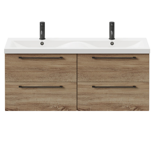 Napoli Bordalino Oak 1200mm Wall Mounted Vanity Unit with Ceramic Double Basin and 4 Drawers with Matt Black Handles Front View