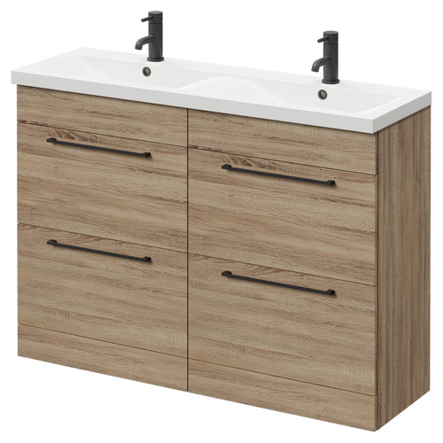 Napoli Bordalino Oak 1200mm Floor Standing Vanity Unit with Ceramic Double Basin and 4 Drawers with Matt Black Handles Right Hand View