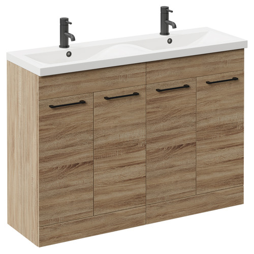 Napoli Bordalino Oak 1200mm Floor Standing Vanity Unit with Ceramic Double Basin and 4 Doors with Matt Black Handles Left Hand View