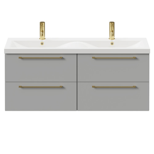 Napoli Gloss Grey Pearl 1200mm Wall Mounted Vanity Unit with Ceramic Double Basin and 4 Drawers with Brushed Brass Handles Front View