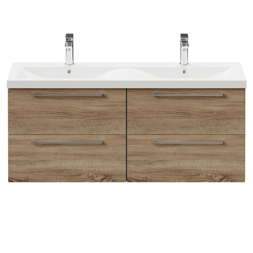 Napoli Bordalino Oak 1200mm Wall Mounted Vanity Unit with Ceramic Double Basin and 4 Drawers with Polished Chrome Handles Front View