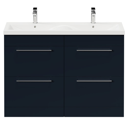 Napoli Deep Blue 1200mm Floor Standing Vanity Unit with Ceramic Double Basin and 4 Drawers with Polished Chrome Handles Front View