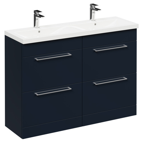 Napoli Deep Blue 1200mm Floor Standing Vanity Unit with Ceramic Double Basin and 4 Drawers with Polished Chrome Handles Left Hand View