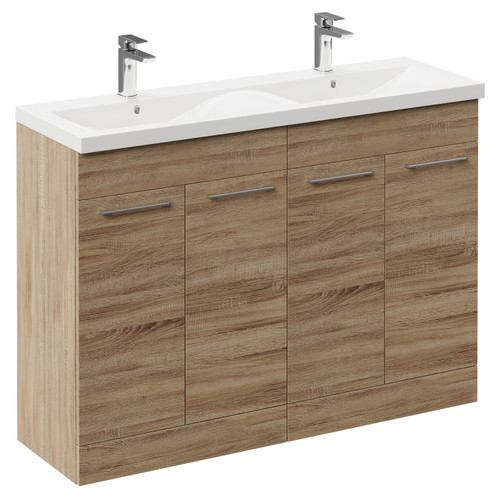 Napoli Bordalino Oak 1200mm Floor Standing Vanity Unit with Ceramic Double Basin and 4 Doors with Polished Chrome Handles Left Hand View