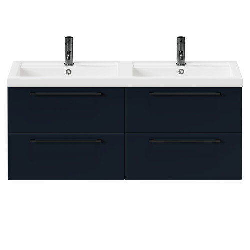 Napoli Deep Blue 1200mm Wall Mounted Vanity Unit with Polymarble Double Basin and 4 Drawers with Gunmetal Grey Handles Front View