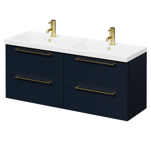 Napoli Deep Blue 1200mm Wall Mounted Vanity Unit with Polymarble Double Basin and 4 Drawers with Brushed Brass Handles Right Hand View Napoli Deep Blue 1200mm Wall Mounted Vanity Unit with Polymarble Double Basin and 4 Drawers with Brushed Brass Handles Right Hand View