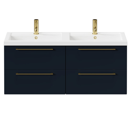 Napoli Deep Blue 1200mm Wall Mounted Vanity Unit with Polymarble Double Basin and 4 Drawers with Brushed Brass Handles Front View