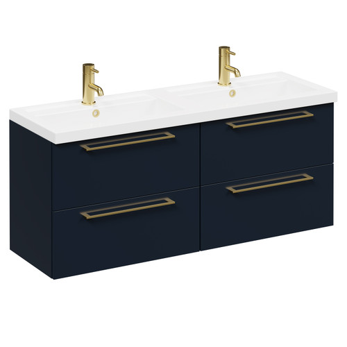 Napoli Deep Blue 1200mm Wall Mounted Vanity Unit with Polymarble Double Basin and 4 Drawers with Brushed Brass Handles Left Hand View