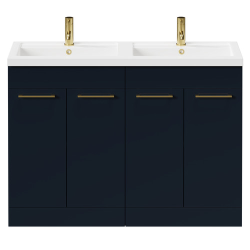 Napoli Deep Blue 1200mm Floor Standing Vanity Unit with Polymarble Double Basin and 4 Doors with Brushed Brass Handles Front View