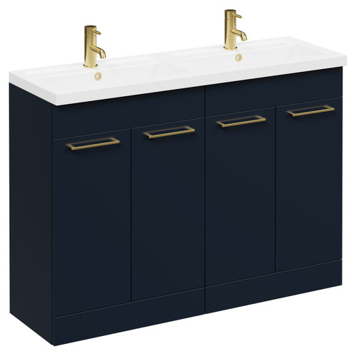 Napoli Deep Blue 1200mm Floor Standing Vanity Unit with Polymarble Double Basin and 4 Doors with Brushed Brass Handles Left Hand View