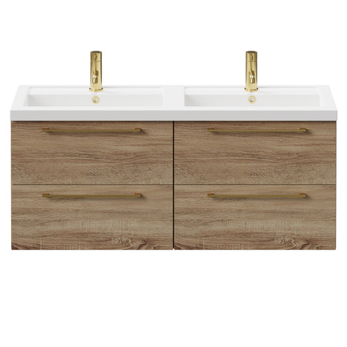 Napoli Bordalino Oak 1200mm Wall Mounted Vanity Unit with Polymarble Double Basin and 4 Drawers with Brushed Brass Handles Front View