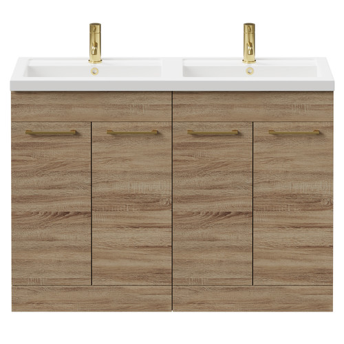 Napoli Bordalino Oak 1200mm Floor Standing Vanity Unit with Polymarble Double Basin and 4 Doors with Brushed Brass Handles Front View