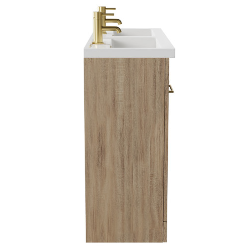Napoli Bordalino Oak 1200mm Floor Standing Vanity Unit with Polymarble Double Basin and 4 Doors with Brushed Brass Handles Side View
