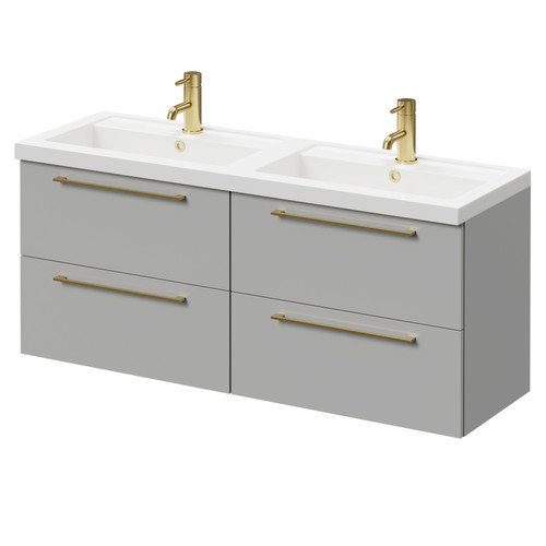 Napoli Gloss Grey Pearl 1200mm Wall Mounted Vanity Unit with Polymarble Double Basin and 4 Drawers with Brushed Brass Handles Right Hand View