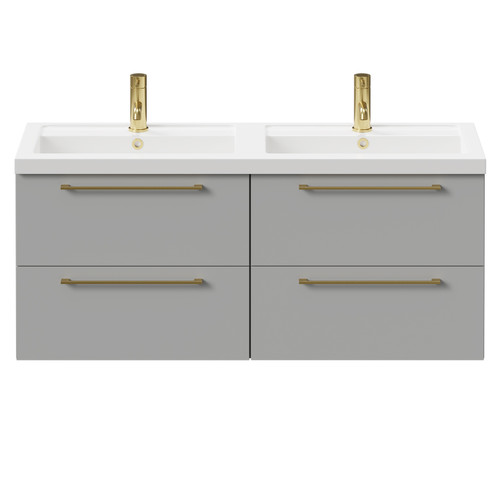 Napoli Gloss Grey Pearl 1200mm Wall Mounted Vanity Unit with Polymarble Double Basin and 4 Drawers with Brushed Brass Handles Front View