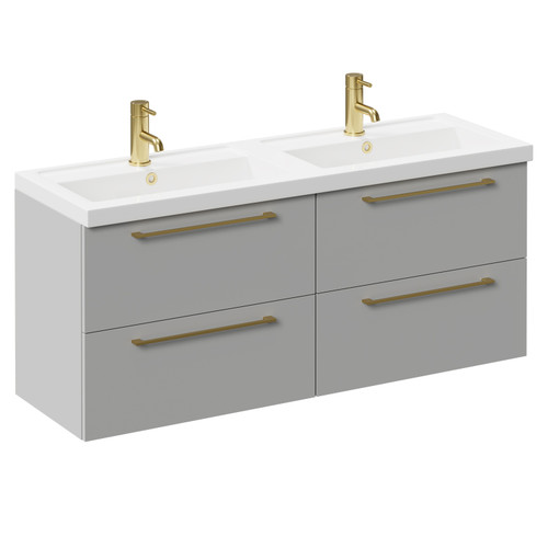 Napoli Gloss Grey Pearl 1200mm Wall Mounted Vanity Unit with Polymarble Double Basin and 4 Drawers with Brushed Brass Handles Left Hand View