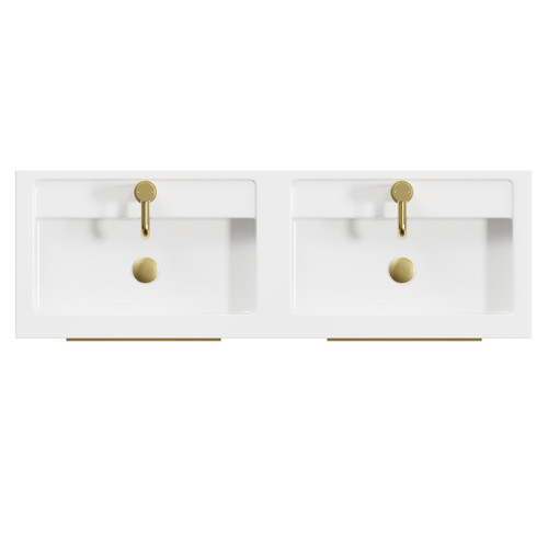 Napoli Gloss Grey Pearl 1200mm Wall Mounted Vanity Unit with Polymarble Double Basin and 4 Drawers with Brushed Brass Handles Top View