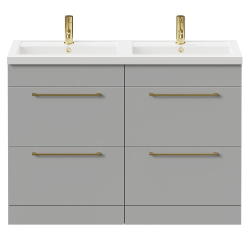 Napoli Gloss Grey Pearl 1200mm Floor Standing Vanity Unit with Polymarble Double Basin and 4 Drawers with Brushed Brass Handles Front View