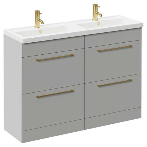 Napoli Gloss Grey Pearl 1200mm Floor Standing Vanity Unit with Polymarble Double Basin and 4 Drawers with Brushed Brass Handles Left Hand View