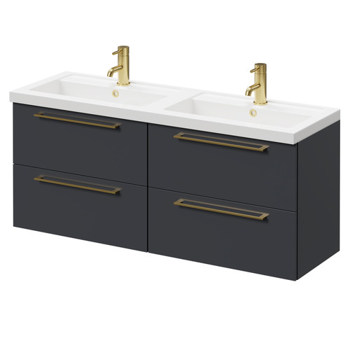 Napoli Gloss Grey 1200mm Wall Mounted Vanity Unit with Polymarble Double Basin and 4 Drawers with Brushed Brass Handles Right Hand View