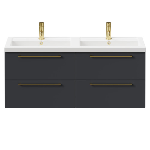 Napoli Gloss Grey 1200mm Wall Mounted Vanity Unit with Polymarble Double Basin and 4 Drawers with Brushed Brass Handles Front View