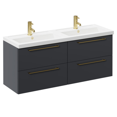 Napoli Gloss Grey 1200mm Wall Mounted Vanity Unit with Polymarble Double Basin and 4 Drawers with Brushed Brass Handles Left Hand View